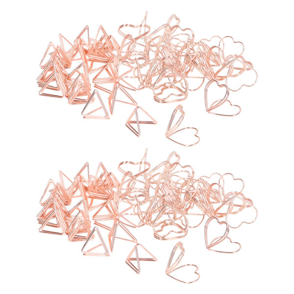 100 stk formede papirklips trekantet og hjertetype dobbeltlags 3D rosegull metall binders for filklassifisering