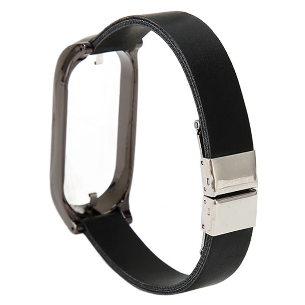 Rustfrit stål PU-læderrem med kofangerkasse Smart Watch-udskiftningstilbehør Passer til Mi Band 7 sort og sort