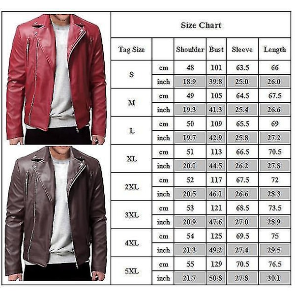 Smallastående Herrbrun PU-Läder Biker Motorcykeljacka Blixtlås Ytterplagg XL