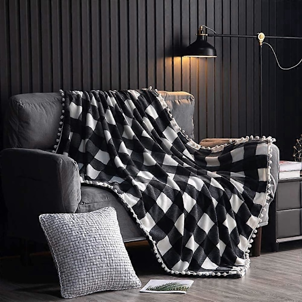 Fleece Tæppe med Kvaster, Sort og Hvid Plaid Buffalo Flanel Plaid til Sofa Seng Egnet til Alle Årstider (130x150cm)