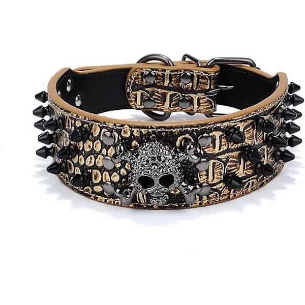 Läder 3 Rader Nitar Kulor Studded Läder Dödskalle Cool för Medium Stor Hundhalsband (L) - Guldbrun