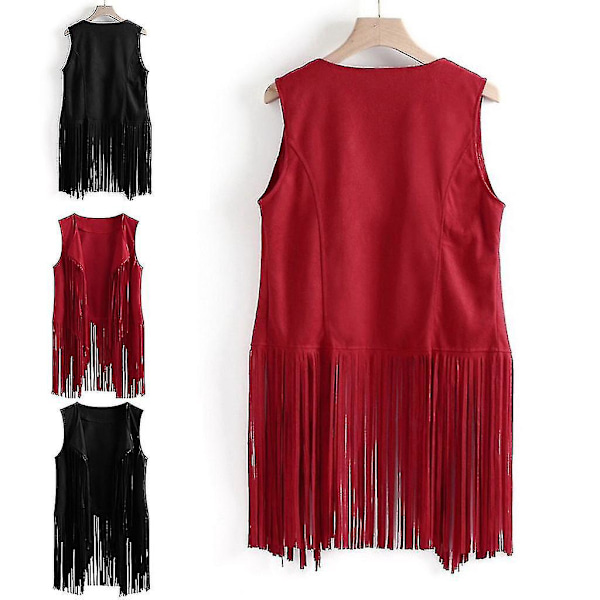 Fringe-prydda 70-tals Hippie-jacka i konstläder, ärmlös, öppen framtill, khaki, 2XL