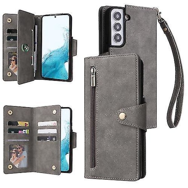 Til Samsung Galaxy S22 Rivet Spænde 9 Kort Tre Fold Læder Telefon Cover - B6 Grå