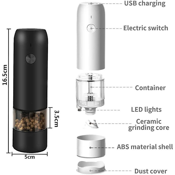 Elektrisk salt- och pepparkvarnset - USB-laddningsbar - Enhandsmanövrering - LED-ljus - Justerbar keramisk grovhet