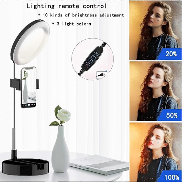 LED Ring Light Foldbar Udfyldningslys med Spejl Mobiltelefonholder med 3 Belysningstilstande Skalerbar Hvid