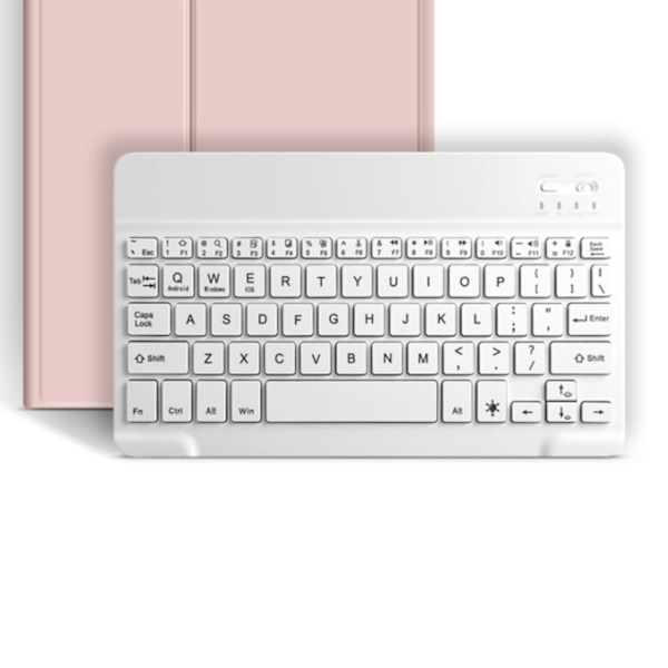 Magnetiskt tangentbord för surfplatta med genvägsknappar, stativ, pennhållare, exakt fodral, trådlöst tangentbord för IOS-surfplatta 10,2 tum, rosa fodral och vitt tangentbord