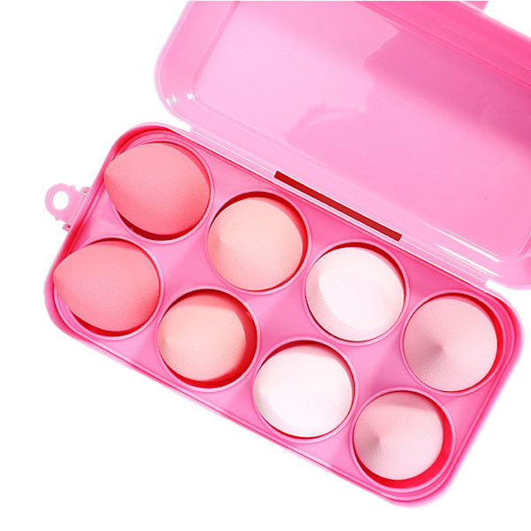 8-delad skönhetssvampset mjuk elastisk hydrofil polyuretan kosmetisk sminkpuff med förvaringslåda rosa