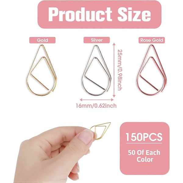 150 Metall Gem Paper Clips Bokmärken, Flerfärgade Vattendroppsformade Klammer Skola Kontorsmaterial Droppformade Gem för Böcker Foton Affischer Anteckningar Memo Papper