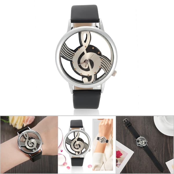 Quartz Analog Parur Runde Hul Musikalsk Note Urskive PU Rem Armbåndsur (Sort Rem)