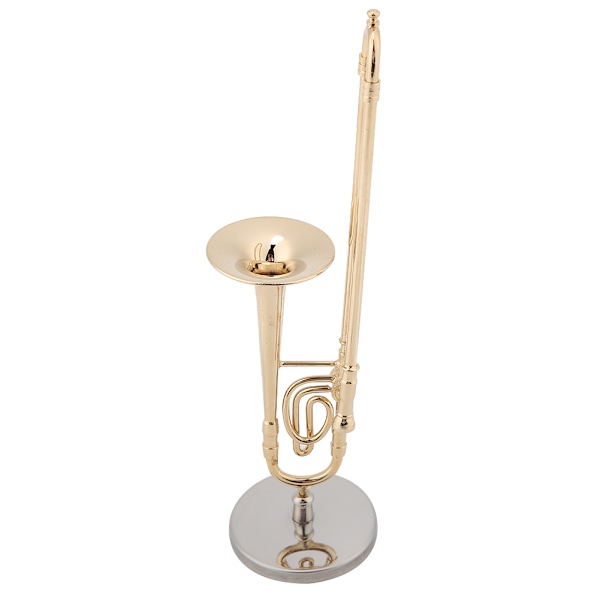 Miniature trombone replika med stativ og urkasse guldbelagt instrumentmodel musikalske ornamenter