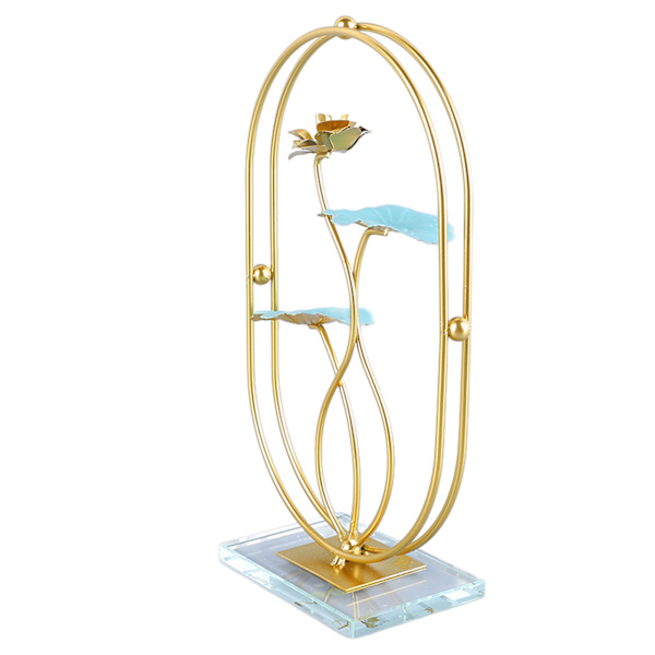 Järnlotusbladsprydnad med glasbas Utsökt elegant metallblad Skulptur Statyfigurer för heminredning