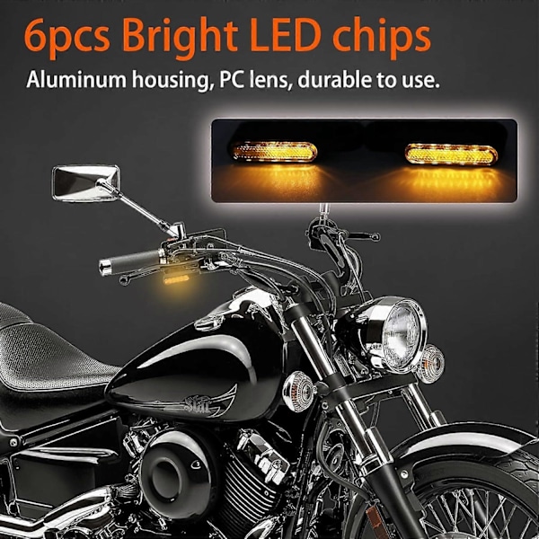 2 stk. Sort Krom LED Motorcykel Blinklys Sekventiel 12V Universal Motorcykel Styrlys Godkendt Mini Blinklys Aluminium Gult Lys Vandtæt