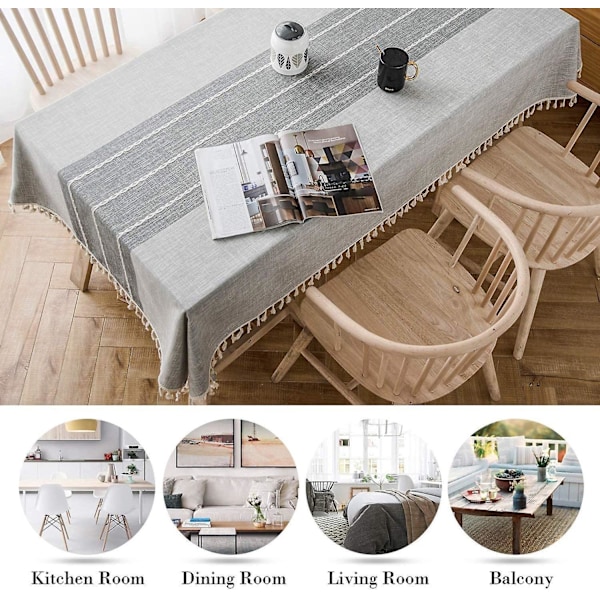 Broderad bomulls- och linneduk med pompom - Grå, rektangulär bordsduk och servettset för soffbord (140*220cm)