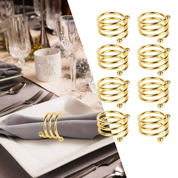 Gyllene Spiral Servettringar - Set med 8 | Elegant och rostsäker | Perfekt för bröllop, födelsedagar, middagar och familjefester