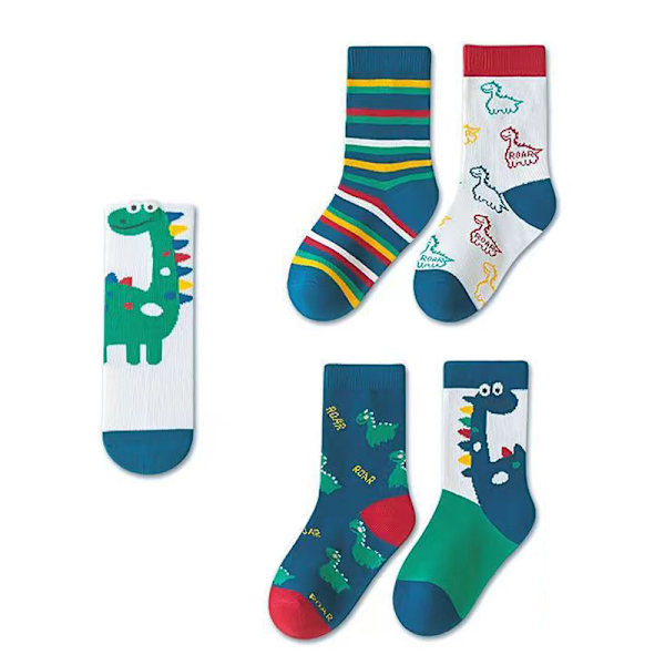 5 par barnsockor i midcalf-höjd med söta tecknade dinosauriemönster, accessoarer för 6-8 år gamla