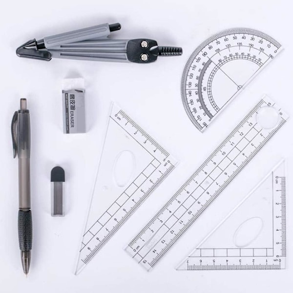 Matematik Geometri Set 8 delar Geometriverktyg Passare Linjal Set Vinkelhakar Geometriska Gradmätare Stiftpennor Suddgummi i Stilren Förvaring