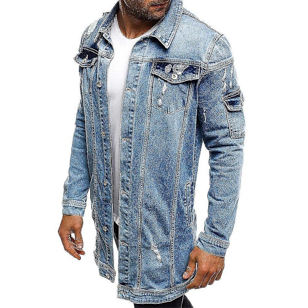 Långärmad sliten denimjacka med fickor - Herrmode ytterkläder M ljusblå