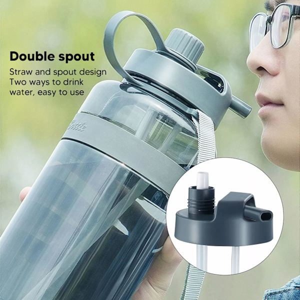 2000 ml:n urheilujuomapullo, jossa on suukappale ja olki, suurikapasiteettinen kannettava ulkoilujuomapullo, jossa on kantohihna, harmaa