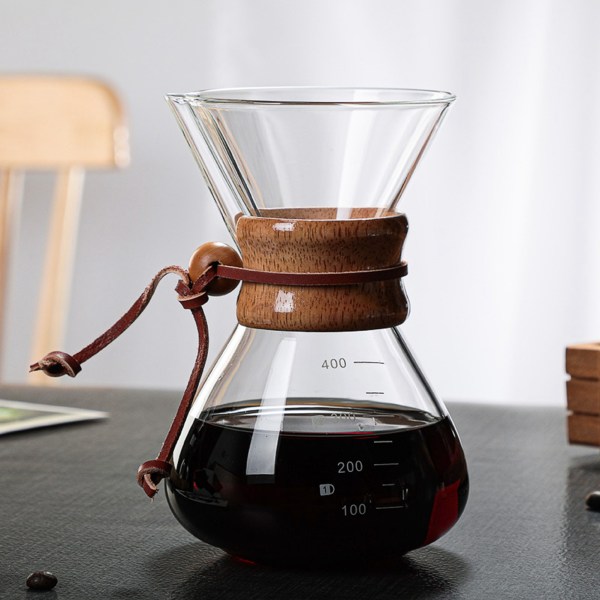 Hæld over kaffemaskine 400ml dobbeltlagsfilter V tud træærme kaffebrygger til hjem cafe fest