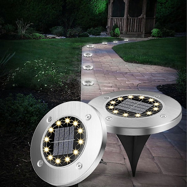 4 Pakke Solcelle Ground Lights, 12 LED Varm Hvit Solcelle Utendørs Lys, IP65 Rustfritt Stål Vanntett, Plen, Hagegang, Hage