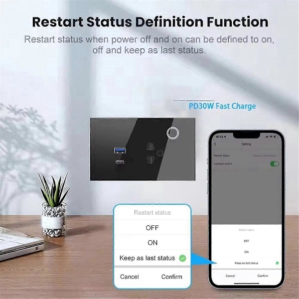 WiFi Tuya 16A Veggkontakt USB TYPE-C Plugg Strømuttak Svart EU-plugg
