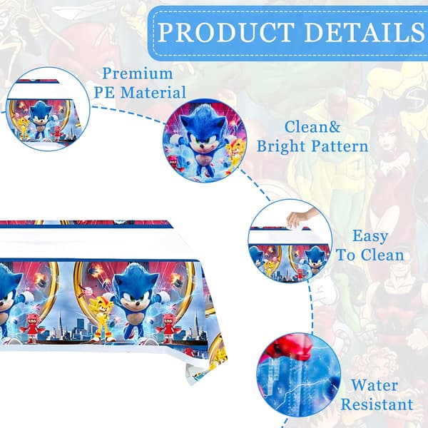 3-pack Sonic bordsduk, 180x108 cm vattentät igelkott festbordsduk rektangulär plast Sonic för barnkalas med tema