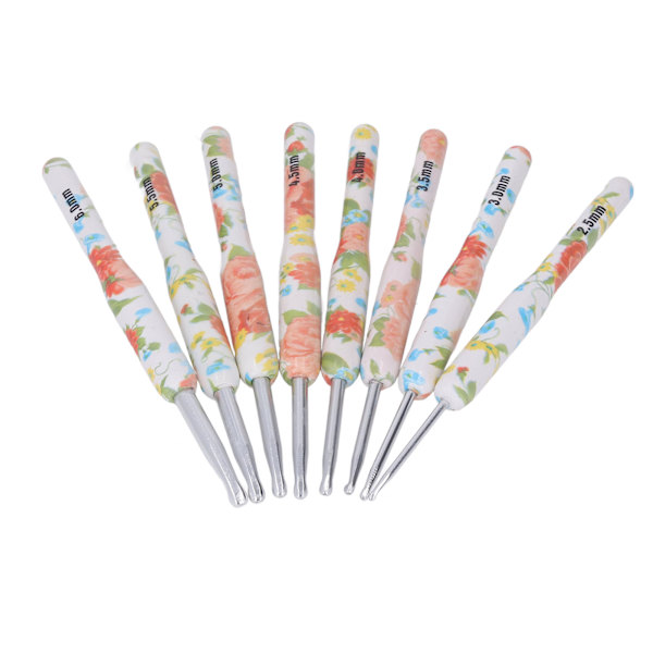 8 st Virknål Set Utskrift Aluminium Hantverk DIY Färgglad virknål Ergonomisk sticknål för stickare för sömnad Gul liten blomma