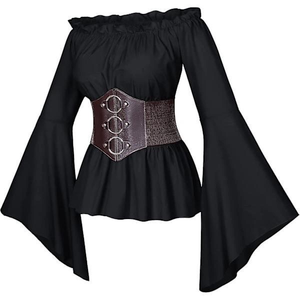 Ruffle Smocked Waist Victorian Pirate Shirt Blouse Set for Women XX-Large Black