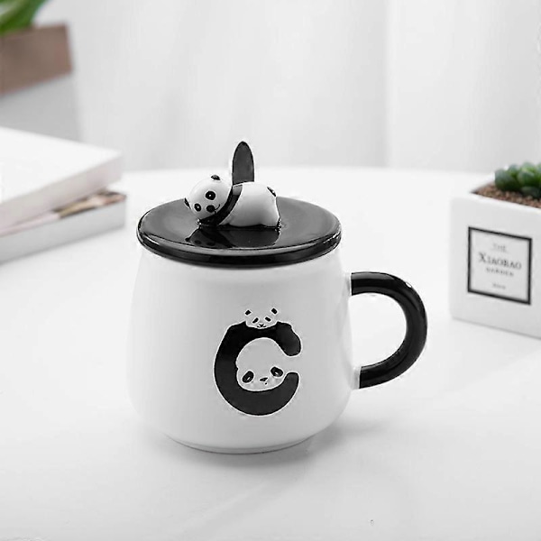 Kreativ håndmalet panda keramikkrus sødt tegneserie morgenmad vandkop krus med låg ske par fødselsdagsgave, med 3D panda låg og ske, 414 ml (14 oz)