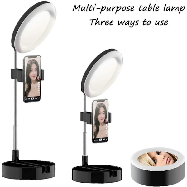 2025 Egnet LED Ring Light Foldbar Fyldlys med Spejl Mobiltelefonholder med 3 Lysindstillinger Skalerbar
