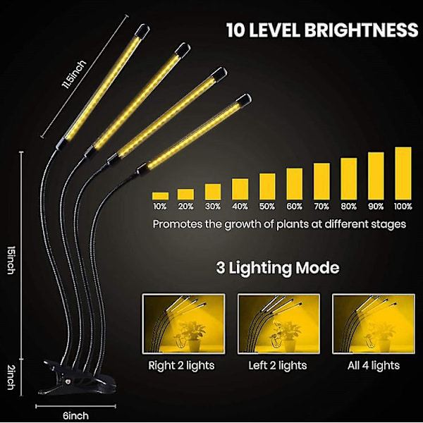 80W 4-hoveder Timing LED Grow Light med 9 dæmpbare niveauer og justerbar svanehals - ideel til indendørs planter