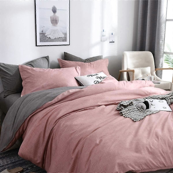 Dynetrekk Dobbeltsengsett, 4 Deler Mikrofiber Ensfarget Rutete Sengsett med 2 Putetrekk og 1 Laken (220x240cm, Rosa)
