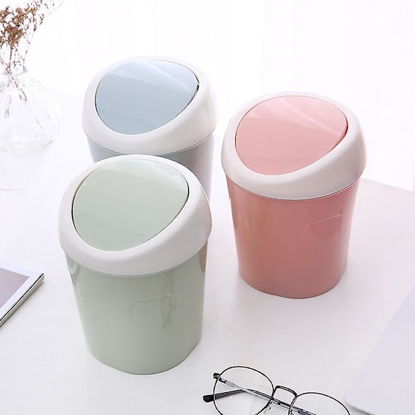 3 Mini Plastik Skraldespande, Lille Bordplade Skraldespand med Roterende Låg, til Hjemmet, Kontoret, Køkkenet, Toiletbordet, Soveværelset, Badeværelset (Blå+Grøn+Pink)