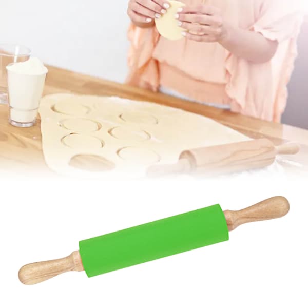 Forlenget kjevle i silikon med solid trehåndtak, non-stick overflate, bakeverktøy, grønn