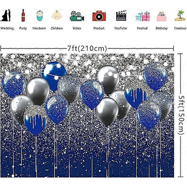 Sininen ja hopea tausta 150x210cm, käytetty Orlando Wedding Ball -juhliin, syntymäpäiväjuhlien valokuvaustausta, kiiltävä hopeanharmaa sininen ilmapallo lapsille