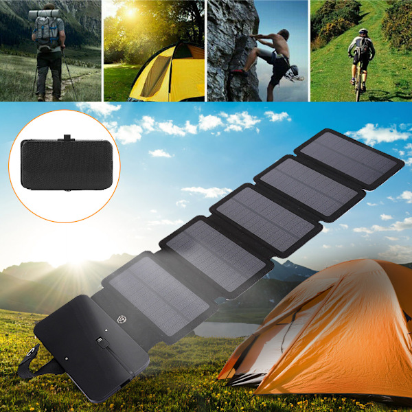 Hopfällbar USB-solpanel Mobil Powerbank Smart Phone Strömförsörjning Laddare SvartSvart