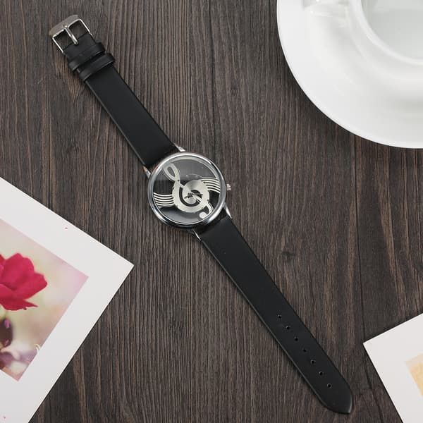 Quartz Analog Parur Runde Hul Musikalsk Note Urskive PU Rem Armbåndsur (Sort Rem)