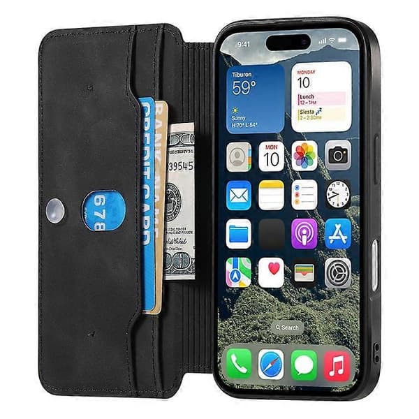 CASENEO Compatible with iPhone 16 Cross-Grain Leather Case Detachable Magnetic Phone Case Black