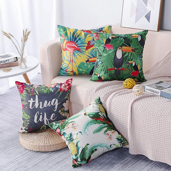 Flamingot ja trooppiset kasvit set , 4 - 45 x 45 cm, puuvillaiset pellavaiset koristetyynyliinat sohvalle, autoon ja kodin sisustukseen