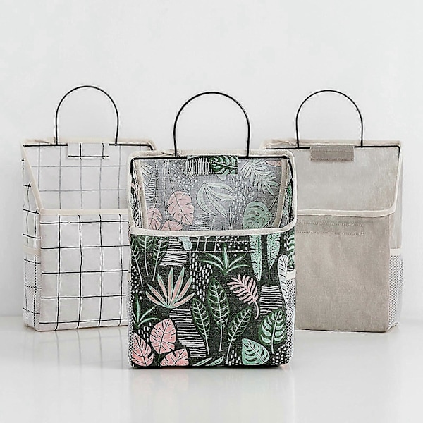 Grå Badeværelse Vægophæng Opbevaringspose - Bomuldslinned Materiale med Krog Assorteret Plaid