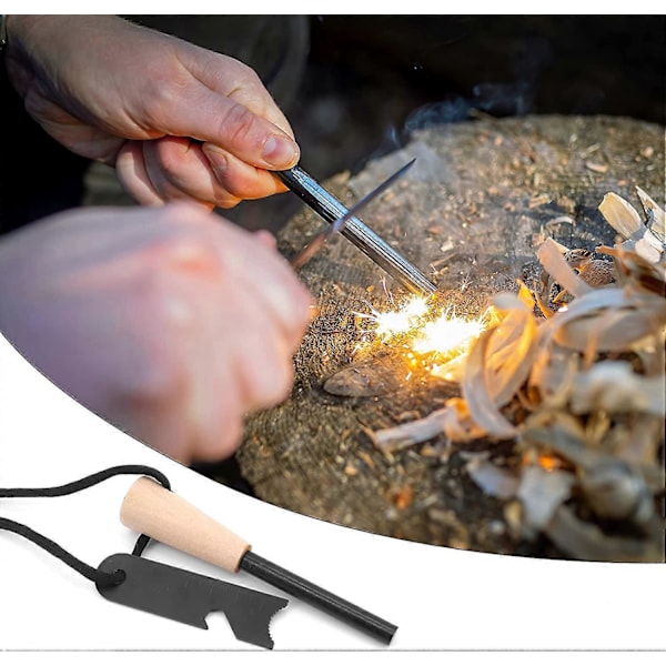 Sett med 2 Flint og Stål, Flint Striker Overlevelse for Bushcraft, Magnesium Stick Tennstålsett med Håndlaget Trehåndtak, 20 000 Spray Sparks Reus