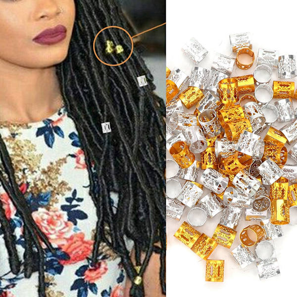 100 stk Justerbare Dreadlocks Hårfletning Perler Manchetter Hårdekoration Paryk Tilbehør Guld+Sølv