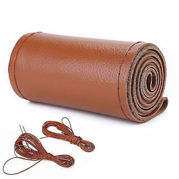 Läder Bilratt Skydd Bilfläta På Ratten 38 cm DIY Universal Auto Ratt Skydd Läderfodral Zekai Brun-Sidlinjetyp