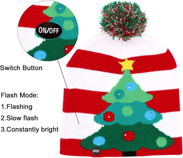 LED Christmas Hat with Lights, Knitted Beanies with 6 Colorful LED Lights, Unisex Winter Hat Red