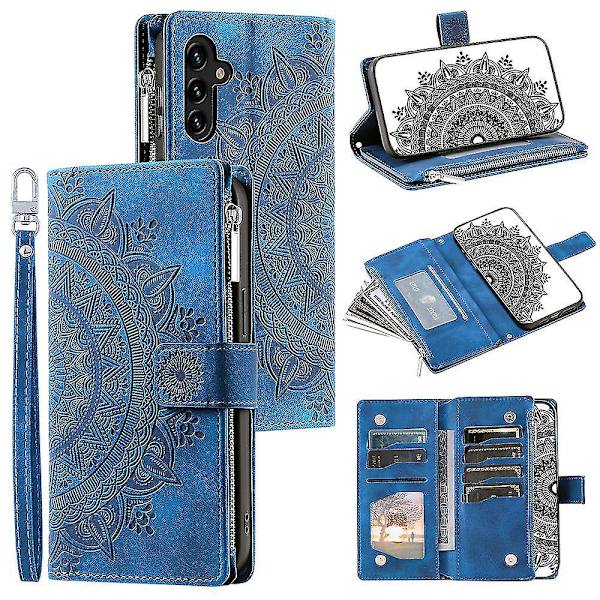 För Samsung Galaxy A54 5G PU Läder Mandala Blomma Präglad Handväska Blixtlåsficka Fodral Ställ Flera Kortplatser Flipskydd med Rem-B6 Blå