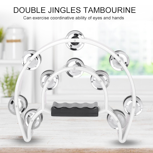 Handbell Tambourine Percussion Instrument - Double Row Jingles (Hvid) White