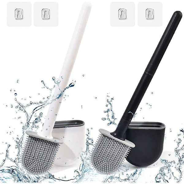 Platt Toalettborste i Silikon 2-pack, Väggmonterad Toalettborste, Snabbtorkande Badrum Toalettborste med Långt Handtag, Toalettborstar och Hållare och Anti-Dri
