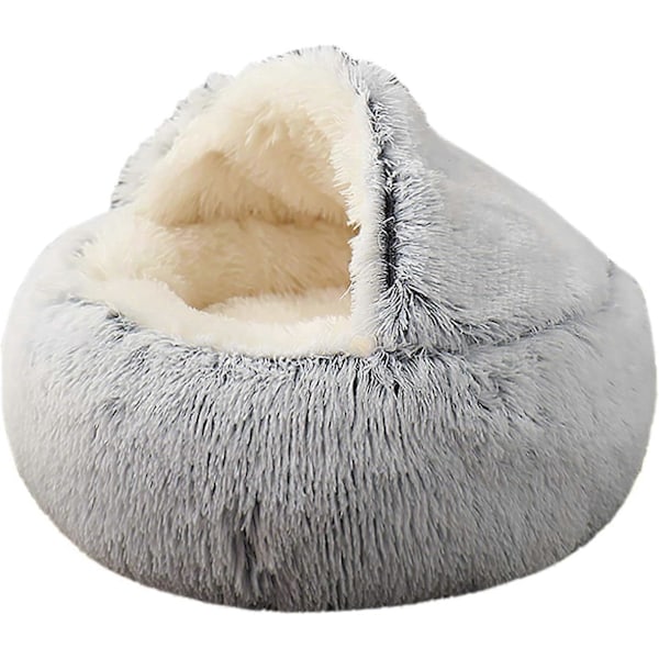 Lemmikkisänky - Pyöreä Pehmeä Pehmoinen Luolamainen Hupullinen Kissansänky Donitsi Koirille & Kissoille, Harmaa 50cm