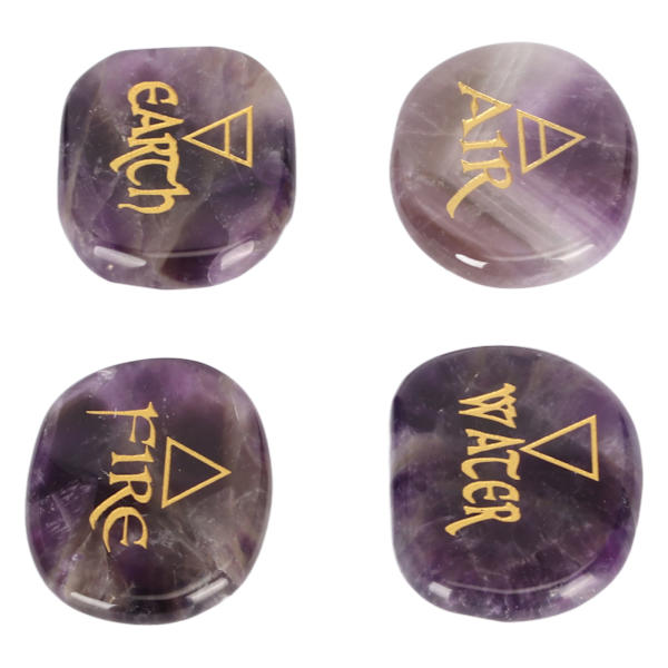 4 Element Blandade Stenar Graverade Triangulära Symboler Jord Luft Eld Vatten Polerade Runstenar för Reiki Kristallhealing Ametist