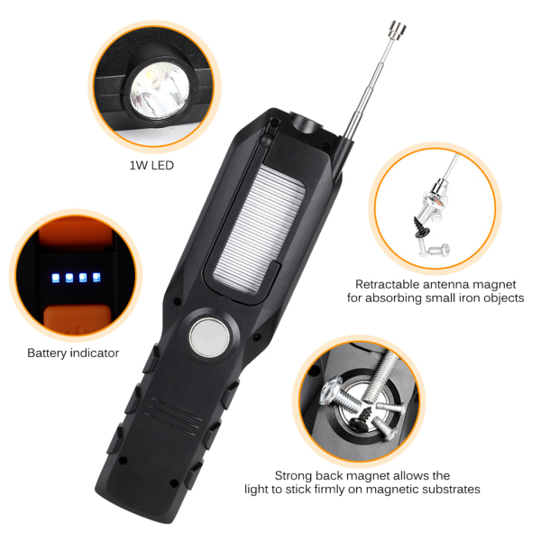 Oppladbart COB arbeidslys USB Justerbar LED arbeidslampe med magnetkrok for reparasjon